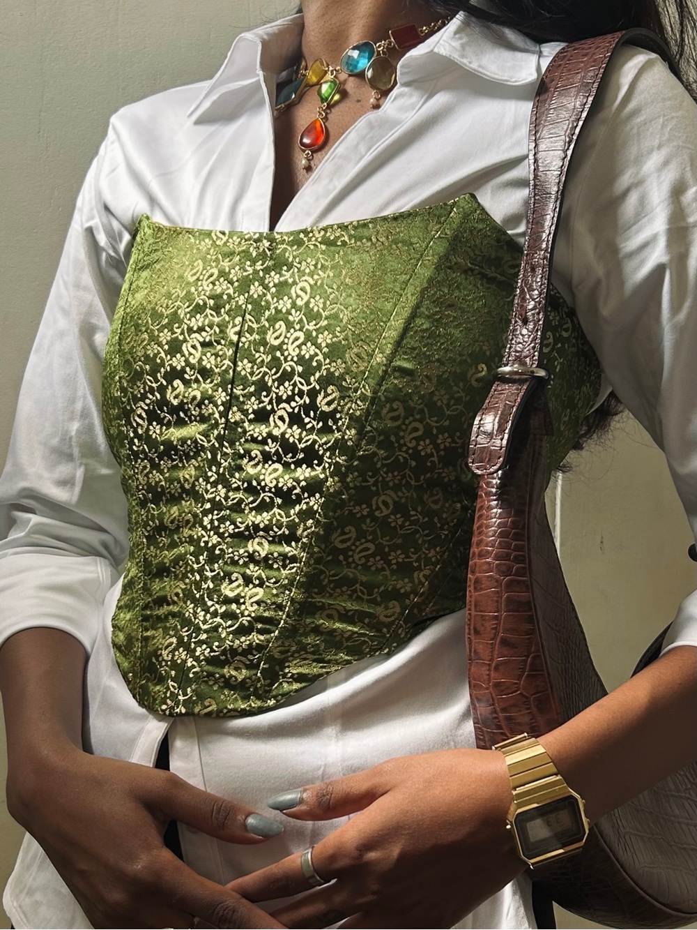 Green Brocade Corset Sleeveless with Gold detail & Gold Lace Up the Back